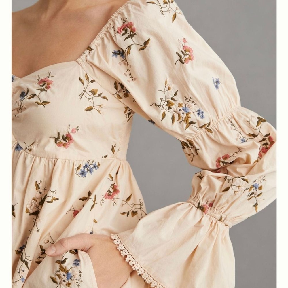Anthropologie embroidered long sleeve mini floral peasant baby doll dress XS - Picture 4 of 15